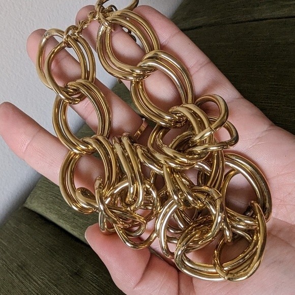 Chunky Double Link Collar Necklace Gold Tone Metal Toggle Clasp Maximalist - Picture 8 of 9